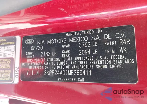 2021 Kia Forte Lxs z USA, uszkodzony, nr VIN 3KPF24AD1ME269411